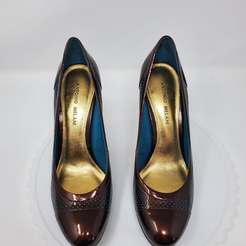 Antonio Melani Leather Heels Metallic Brown w/ Teal Polka Dots Sz 8.5 EUC - Picture 3 of 9